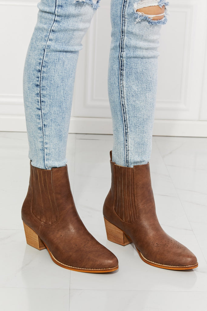 MMShoes Love the Journey Stacked Heel Chelsea Boot in Chestnut-Timber Brooke Boutique, Online Women's Fashion Boutique in Amarillo, Texas