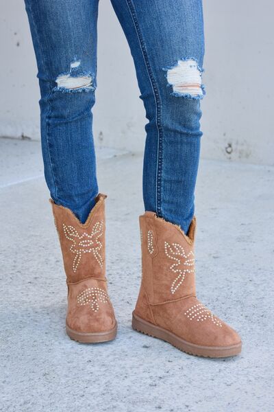Forever Link Rhinestone Furry Flat Boots-Timber Brooke Boutique, Online Women's Fashion Boutique in Amarillo, Texas