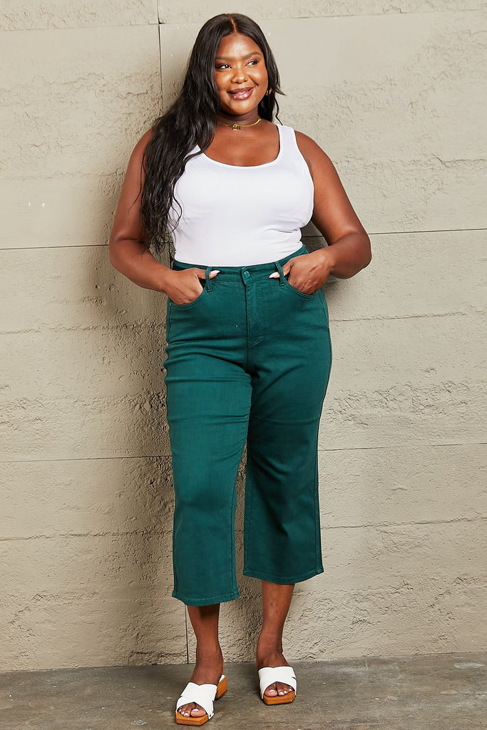 Judy Blue Hailey Full Size Tummy Control High Waisted Cropped Wide Leg Jeans-Timber Brooke Boutique, Online Women's Fashion Boutique in Amarillo, Texas