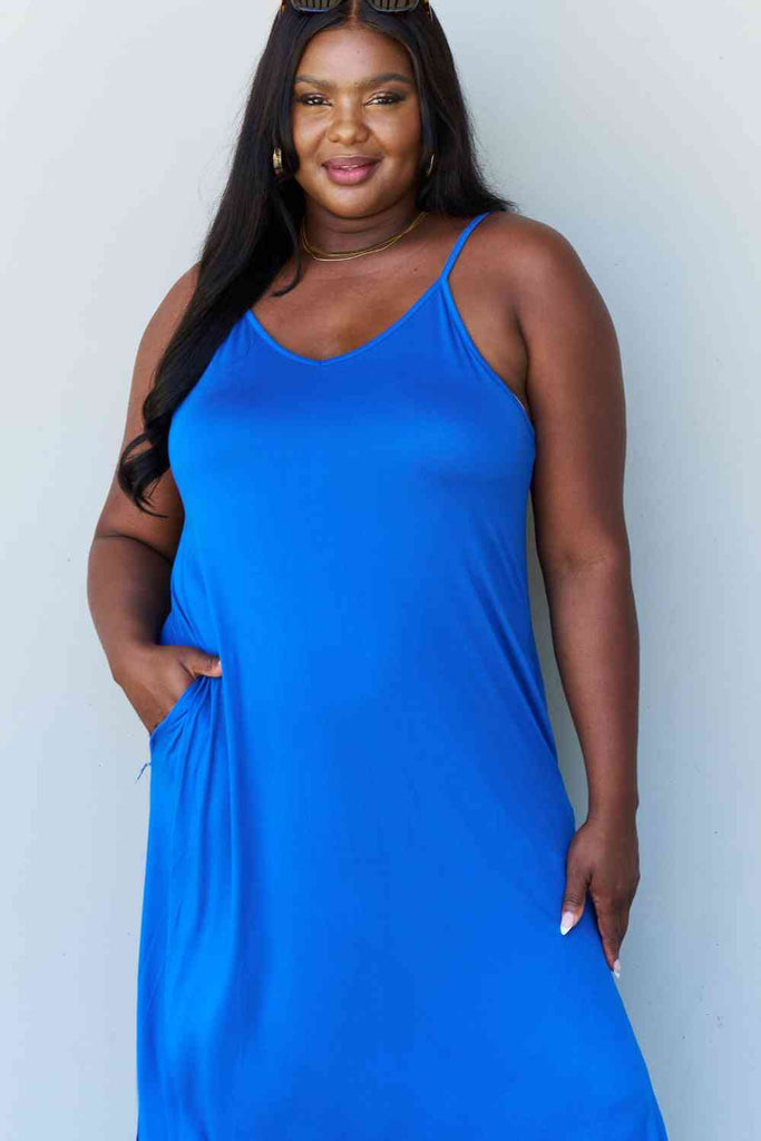 Ninexis Good Energy Full Size Cami Side Slit Maxi Dress in Royal Blue-Timber Brooke Boutique, Online Women's Fashion Boutique in Amarillo, Texas