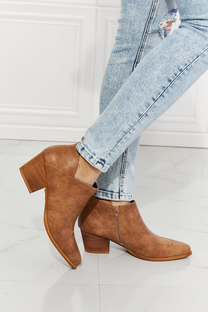MMShoes Trust Yourself Embroidered Crossover Cowboy Bootie in Caramel-Timber Brooke Boutique, Online Women's Fashion Boutique in Amarillo, Texas