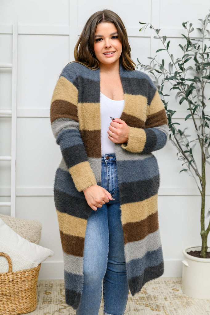 Doorbuster: Fuzzy Longline Cardigan In Blue & Cocoa-Womens-Timber Brooke Boutique, Online Women's Fashion Boutique in Amarillo, Texas