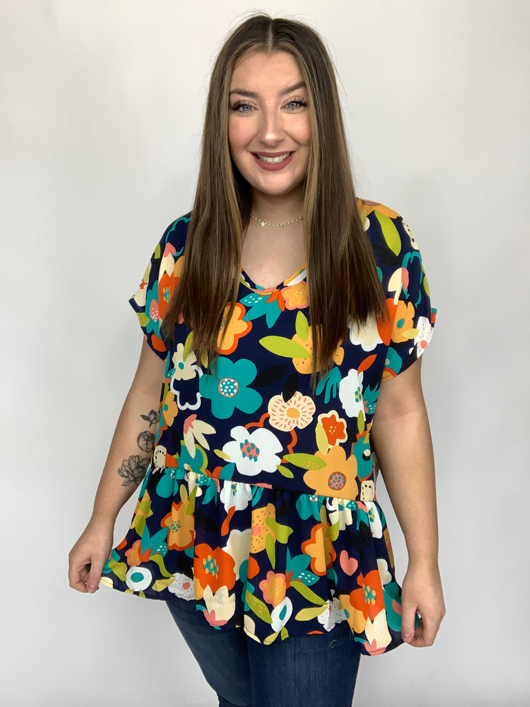 Navy & Green Geo Floral Babydoll Woven Top-Short Sleeve Top-Timber Brooke Boutique, Online Women's Fashion Boutique in Amarillo, Texas