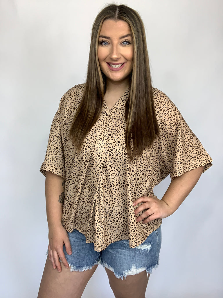 Cheetah Animal Print Collared V Neck Woven Dolman Top-Short Sleeve Top-Timber Brooke Boutique, Online Women's Fashion Boutique in Amarillo, Texas