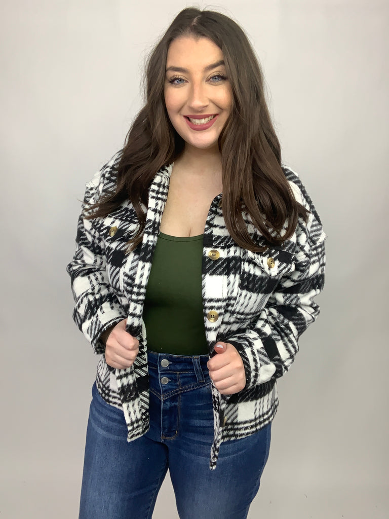 Kate Plaid Jacket in Black & White-Coats & Jackets-Timber Brooke Boutique, Online Women's Fashion Boutique in Amarillo, Texas