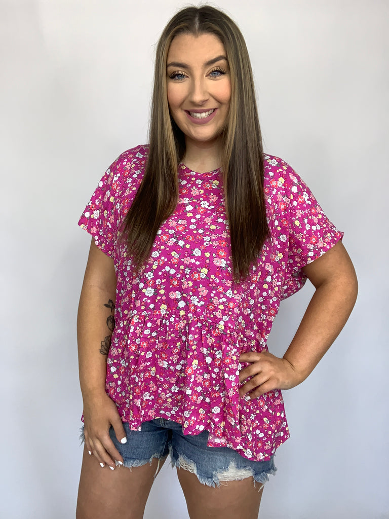Fuchsia Floral Babydoll Woven Challis Top-Short Sleeve Top-Timber Brooke Boutique, Online Women's Fashion Boutique in Amarillo, Texas