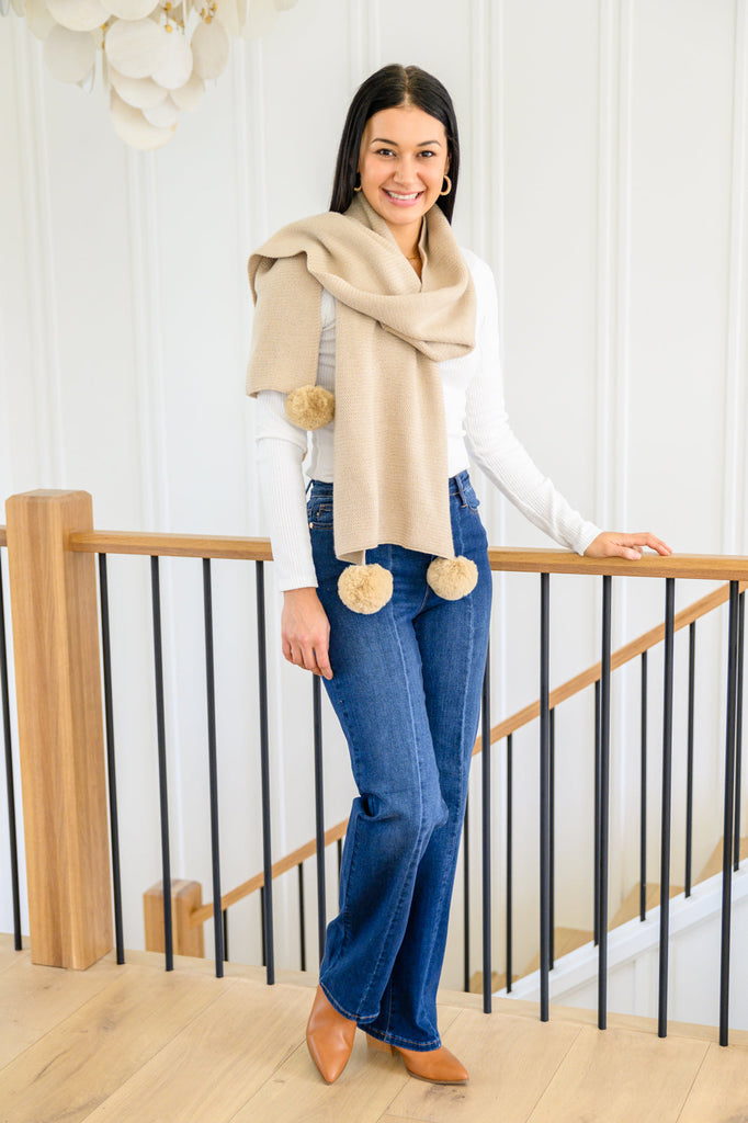 Knitted Fuzzy Pom Pom Scarf In Beige-250 Accessories-Timber Brooke Boutique, Online Women's Fashion Boutique in Amarillo, Texas