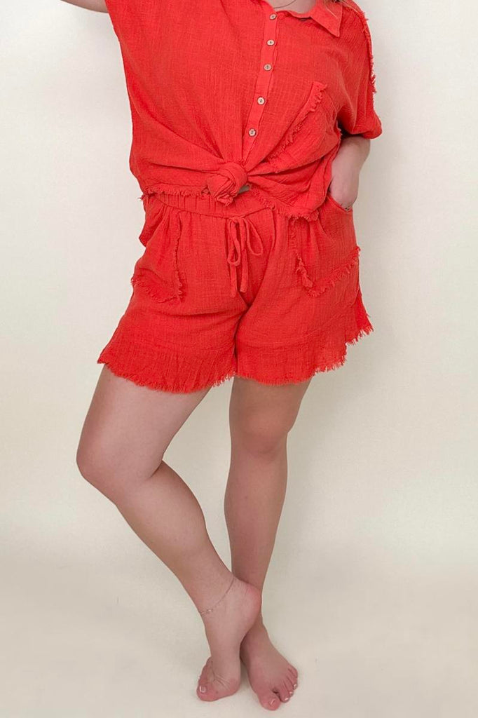 Gigio Flutter Hem Cotton Muslin Shorts with Cut Edge Detail-Shorts-Timber Brooke Boutique, Online Women's Fashion Boutique in Amarillo, Texas