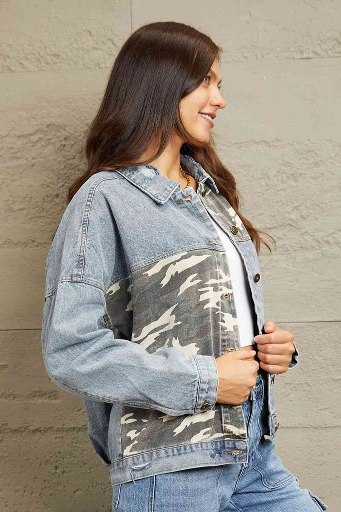 GeeGee Full Size Washed Denim Camo Contrast Jacket-Timber Brooke Boutique, Online Women's Fashion Boutique in Amarillo, Texas