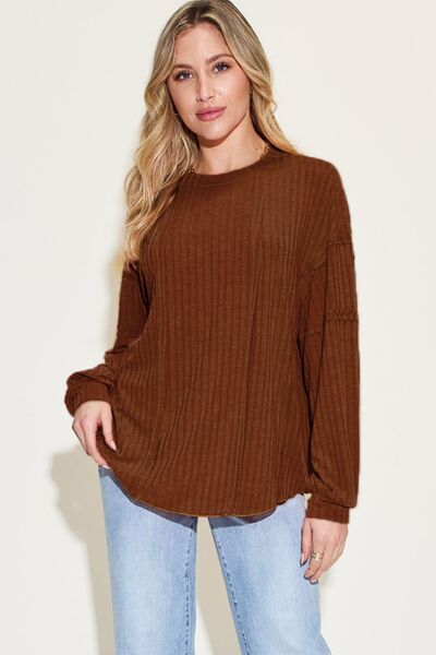 Basic Bae Full Size Ribbed Round Neck Long Sleeve T-Shirt-Timber Brooke Boutique, Online Women's Fashion Boutique in Amarillo, Texas