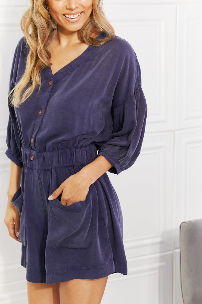 White Birch Full SIze Play It Cool Three-Quarter Sleeve Romper in Blueberry-Timber Brooke Boutique, Online Women's Fashion Boutique in Amarillo, Texas