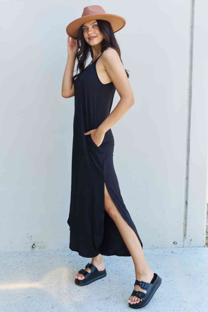 Ninexis Good Energy Full Size Cami Side Slit Maxi Dress in Black-Timber Brooke Boutique, Online Women's Fashion Boutique in Amarillo, Texas