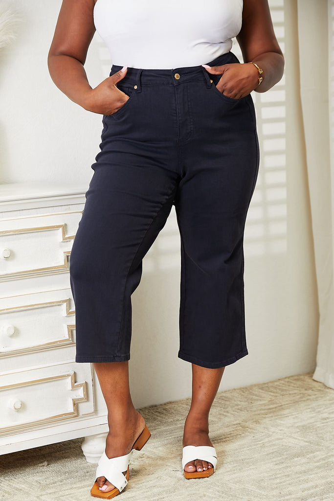 Judy Blue Full Size High Waist Tummy Control Garment Dyed Wide Cropped Jeans-Timber Brooke Boutique, Online Women's Fashion Boutique in Amarillo, Texas