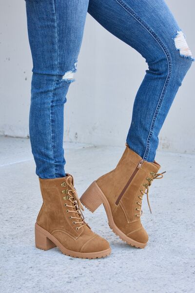 Forever Link Lace-Up Zipper Detail Block Heel Boots-Timber Brooke Boutique, Online Women's Fashion Boutique in Amarillo, Texas