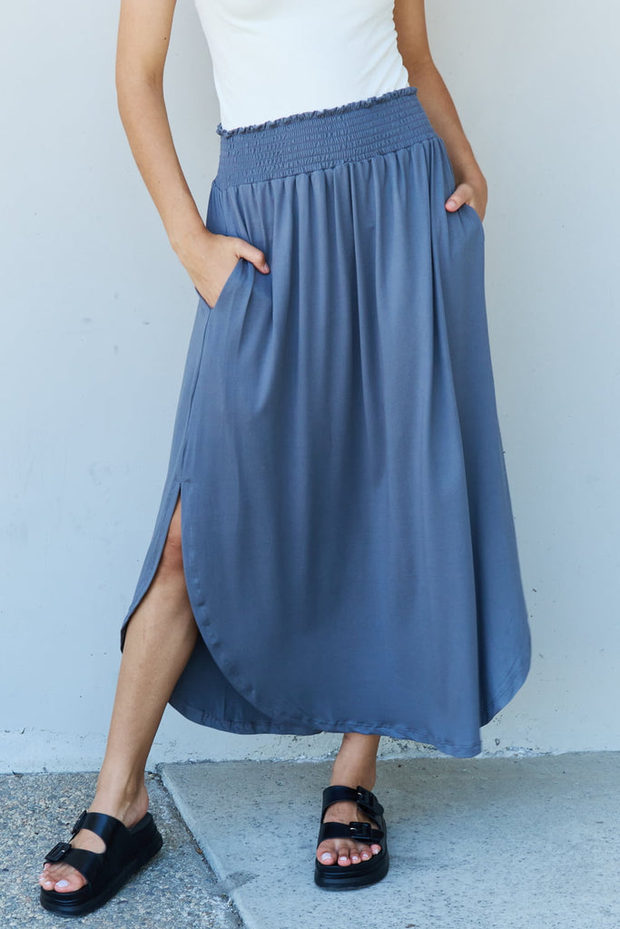 Doublju Comfort Princess Full Size High Waist Scoop Hem Maxi Skirt in Dusty Blue-Timber Brooke Boutique, Online Women's Fashion Boutique in Amarillo, Texas