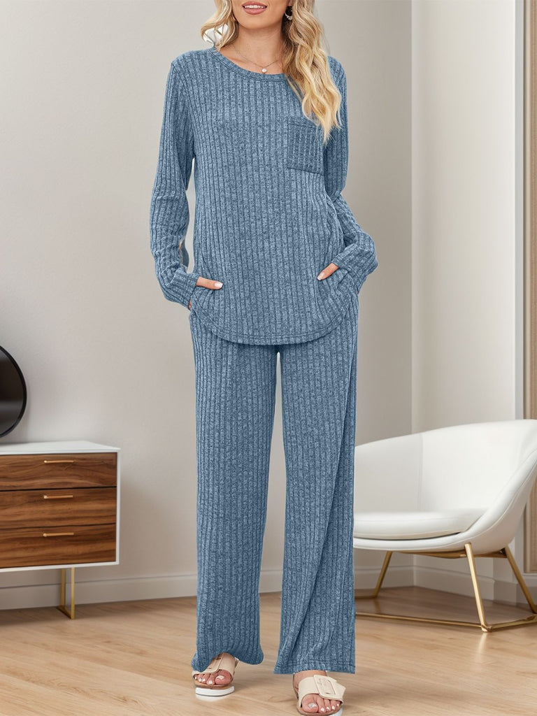 Round Neck Long Sleeve Top and Pants Set-Timber Brooke Boutique, Online Women's Fashion Boutique in Amarillo, Texas