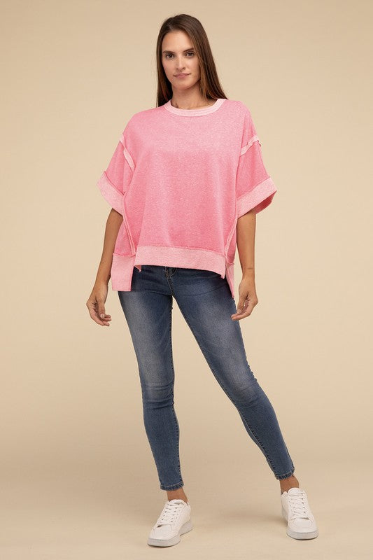 Contrast Trim Top Stitching Drop Shoulder Top-Timber Brooke Boutique, Online Women's Fashion Boutique in Amarillo, Texas