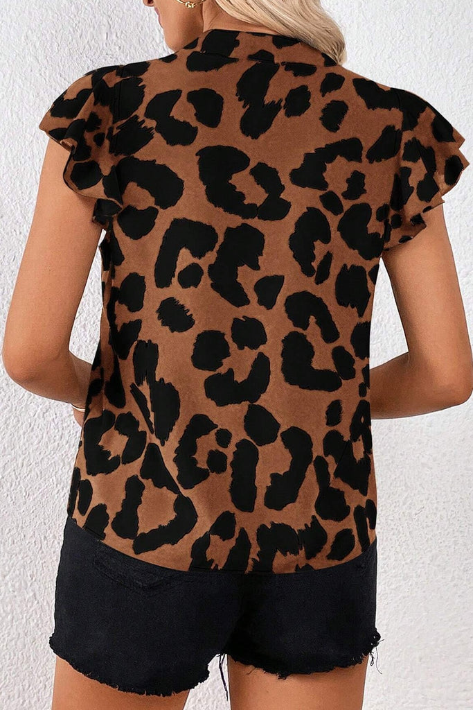 Leopard Notched Cap Sleeve Blouse-Timber Brooke Boutique, Online Women's Fashion Boutique in Amarillo, Texas