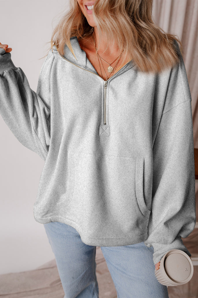 Pocketed Half Zip Dropped Shoulder Hoodie-Timber Brooke Boutique, Online Women's Fashion Boutique in Amarillo, Texas