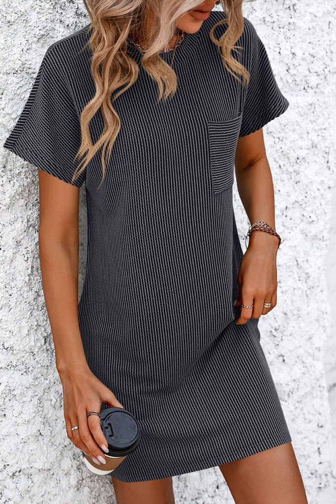 Ribbed Striped Short Sleeve Mini Tee Dress-Timber Brooke Boutique, Online Women's Fashion Boutique in Amarillo, Texas