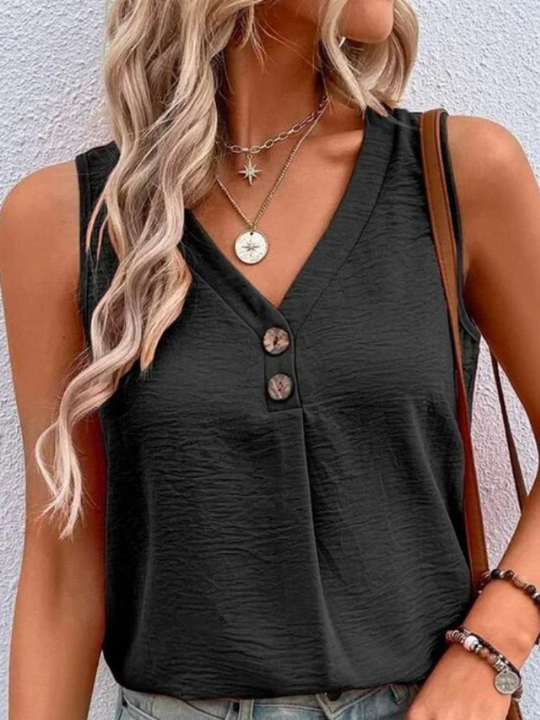 Full Size Decorative Button V-Neck Tank-Timber Brooke Boutique, Online Women's Fashion Boutique in Amarillo, Texas