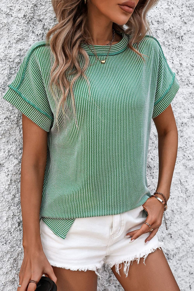 Striped Round Neck Short Sleeve T-Shirt-Timber Brooke Boutique, Online Women's Fashion Boutique in Amarillo, Texas