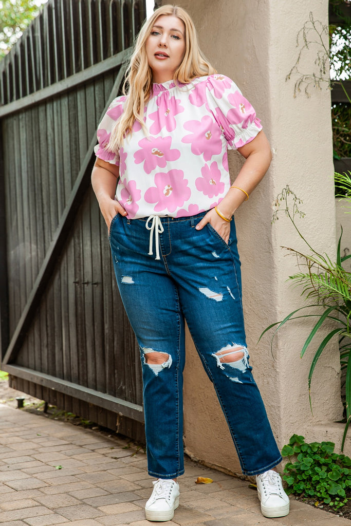 Plus Size Printed Round Neck Short Sleeve Top-Timber Brooke Boutique, Online Women's Fashion Boutique in Amarillo, Texas