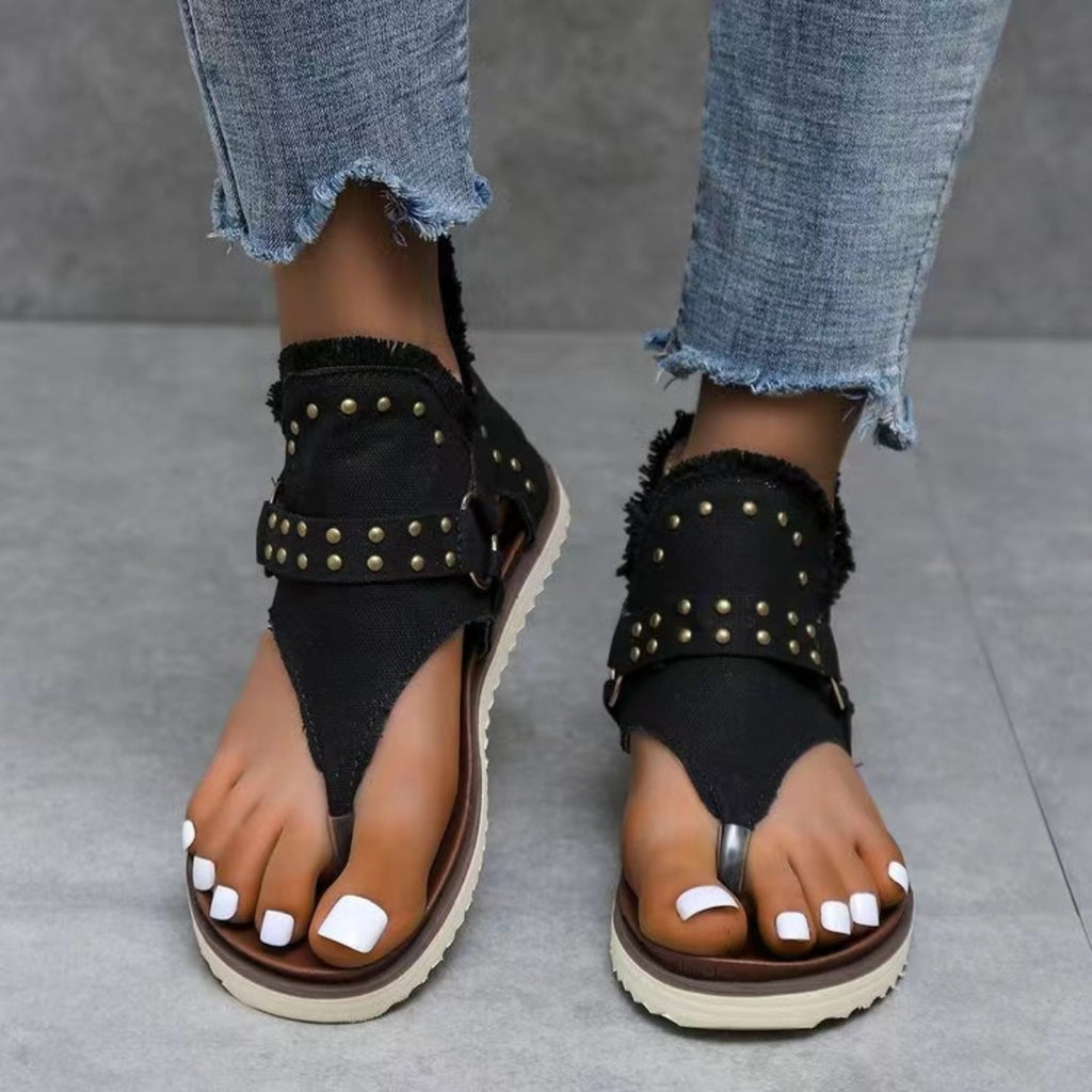 Studded Raw Hem Flat Sandals-Timber Brooke Boutique, Online Women's Fashion Boutique in Amarillo, Texas