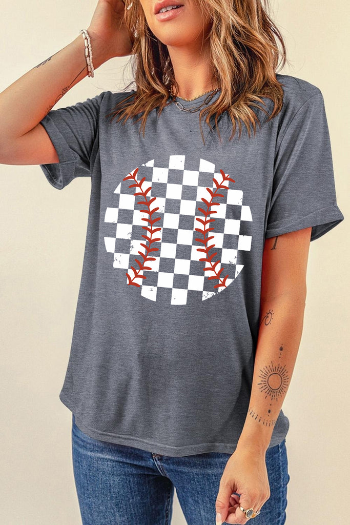 Checkered Graphic Round Neck Short Sleeve T-Shirt-Timber Brooke Boutique, Online Women's Fashion Boutique in Amarillo, Texas