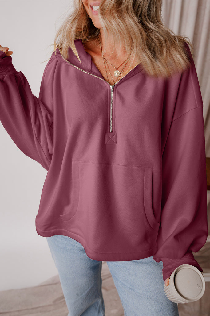 Pocketed Half Zip Dropped Shoulder Hoodie-Timber Brooke Boutique, Online Women's Fashion Boutique in Amarillo, Texas