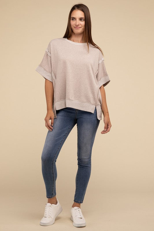 Contrast Trim Top Stitching Drop Shoulder Top-Timber Brooke Boutique, Online Women's Fashion Boutique in Amarillo, Texas