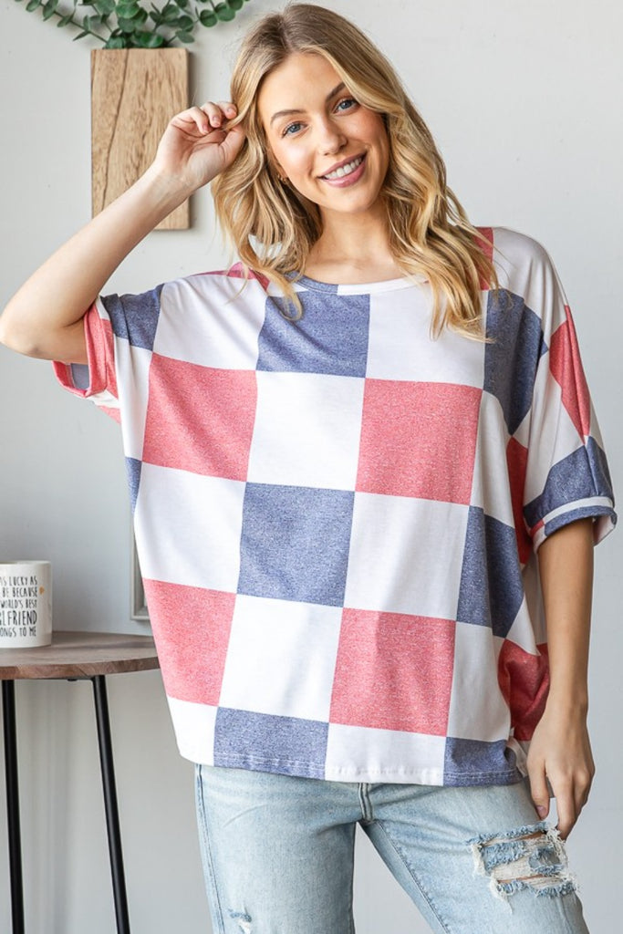 HOPELY Checkered Round Neck Half Sleeve T-Shirt-Timber Brooke Boutique, Online Women's Fashion Boutique in Amarillo, Texas