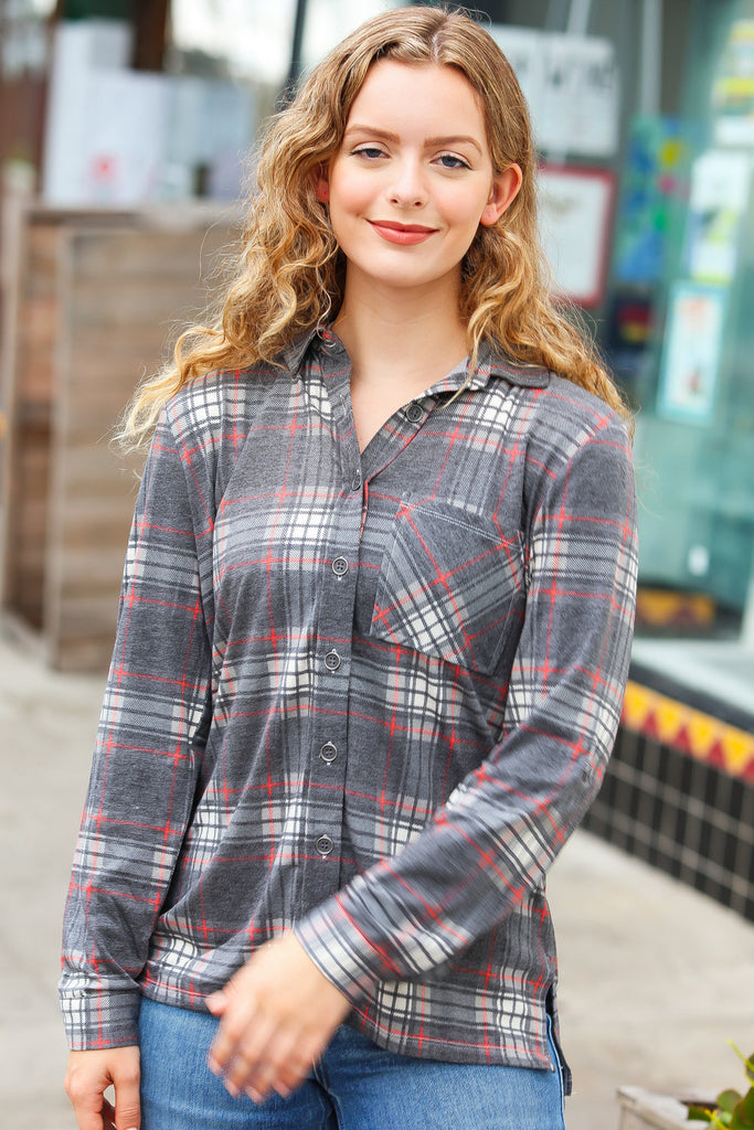Road Trip Ready Charcoal Plaid Lightweight Button Up Shacket-Timber Brooke Boutique, Online Women's Fashion Boutique in Amarillo, Texas