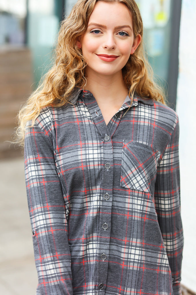 Road Trip Ready Charcoal Plaid Lightweight Button Up Shacket-Timber Brooke Boutique, Online Women's Fashion Boutique in Amarillo, Texas