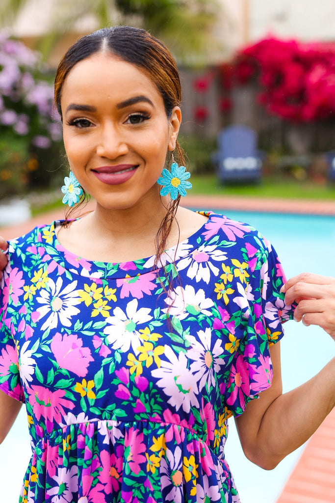 Perfectly You Navy & Lilac Floral Print Ruffle Sleeve Babydoll Top-Timber Brooke Boutique, Online Women's Fashion Boutique in Amarillo, Texas