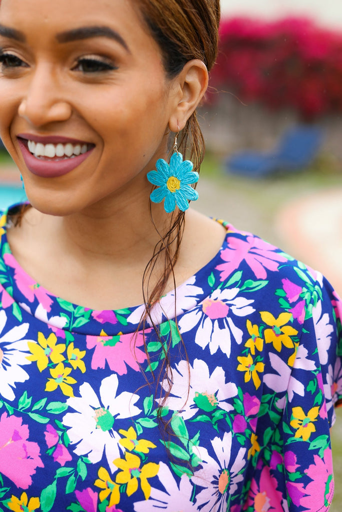 Sky Blue Daisy Flower Straw Dangle Earrings-Timber Brooke Boutique, Online Women's Fashion Boutique in Amarillo, Texas