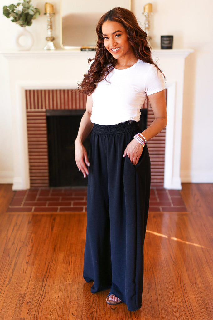 Everyday Black Smocked Waist Palazzo Pants-Timber Brooke Boutique, Online Women's Fashion Boutique in Amarillo, Texas