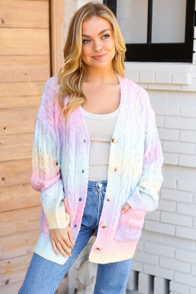 Face The Day Rainbow Ombre Cable Knit Cardigan-Timber Brooke Boutique, Online Women's Fashion Boutique in Amarillo, Texas