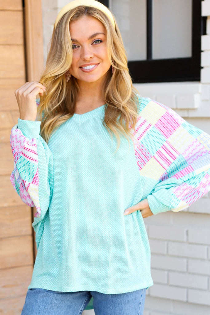 Always Fun Mint Patchwork Print Dolman V Neck Top-Timber Brooke Boutique, Online Women's Fashion Boutique in Amarillo, Texas