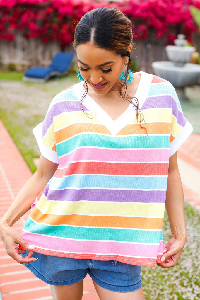 Sieze The Day Rainbow Striped V Neck Drop Shoulder Thermal Knit Top-Timber Brooke Boutique, Online Women's Fashion Boutique in Amarillo, Texas