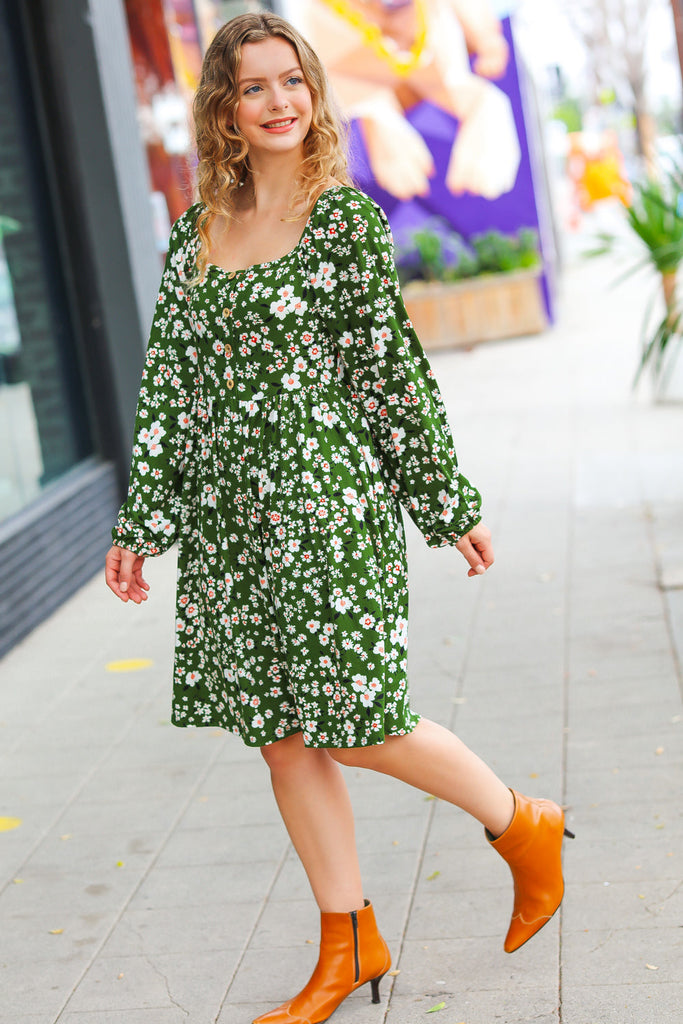 Positive Perceptions Olive Ditsy Floral Square Neck Dress-Timber Brooke Boutique, Online Women's Fashion Boutique in Amarillo, Texas