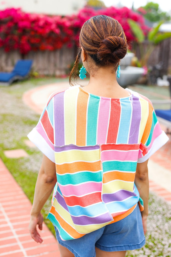 Sieze The Day Rainbow Striped V Neck Drop Shoulder Thermal Knit Top-Timber Brooke Boutique, Online Women's Fashion Boutique in Amarillo, Texas