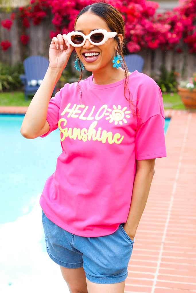 Feeling Joyful "Hello Sunshine" Embroidered French Terry Top-Timber Brooke Boutique, Online Women's Fashion Boutique in Amarillo, Texas