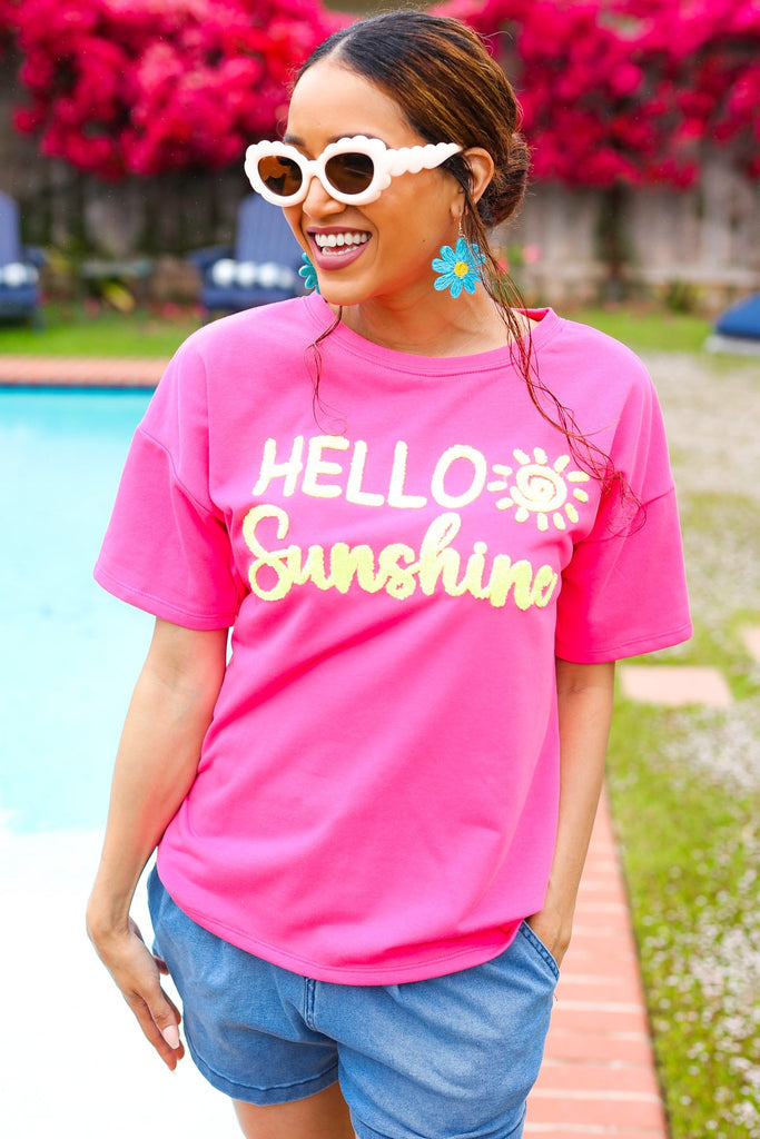 Feeling Joyful "Hello Sunshine" Embroidered French Terry Top-Timber Brooke Boutique, Online Women's Fashion Boutique in Amarillo, Texas