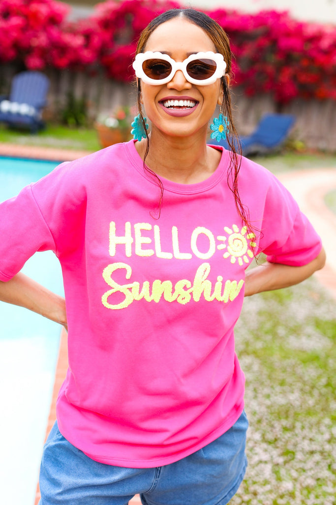 Feeling Joyful "Hello Sunshine" Embroidered French Terry Top-Timber Brooke Boutique, Online Women's Fashion Boutique in Amarillo, Texas