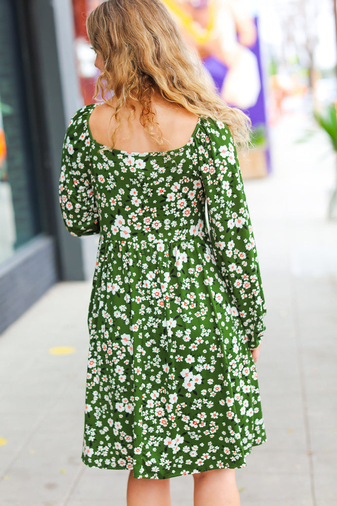 Positive Perceptions Olive Ditsy Floral Square Neck Dress-Timber Brooke Boutique, Online Women's Fashion Boutique in Amarillo, Texas