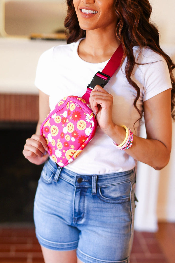 Hot Pink Smiley Face & Flowers Crossbody Belt Sling Bag-Timber Brooke Boutique, Online Women's Fashion Boutique in Amarillo, Texas
