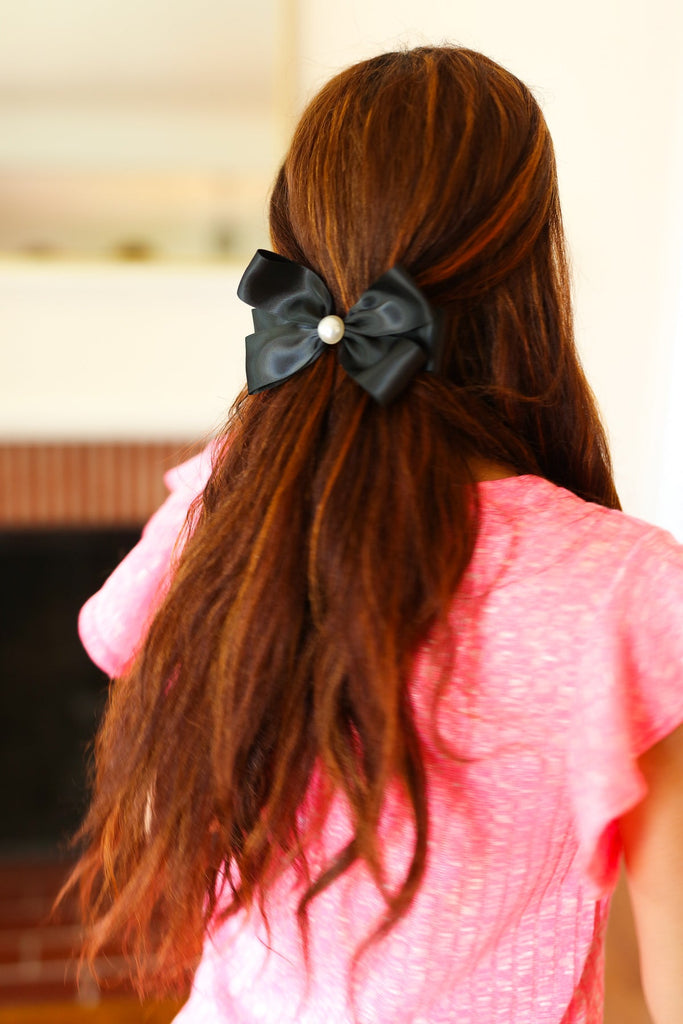 Black Satin Pearl Detail Coquette Bow-Timber Brooke Boutique, Online Women's Fashion Boutique in Amarillo, Texas