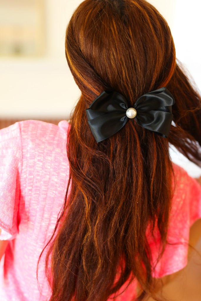 Black Satin Pearl Detail Coquette Bow-Timber Brooke Boutique, Online Women's Fashion Boutique in Amarillo, Texas