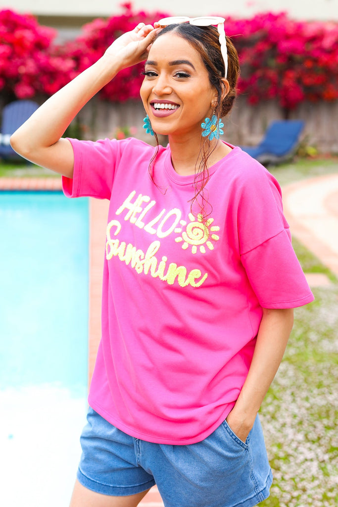 Feeling Joyful "Hello Sunshine" Embroidered French Terry Top-Timber Brooke Boutique, Online Women's Fashion Boutique in Amarillo, Texas